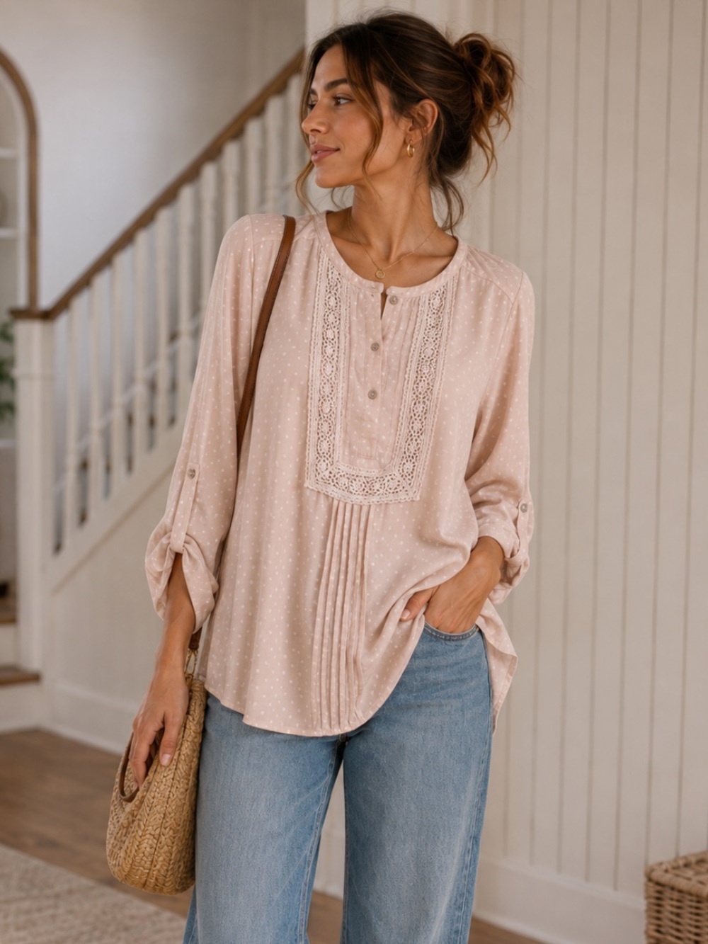 DANIEL Rainn Blush Pink Dotted Long Sleeve Oversized Blouse Small